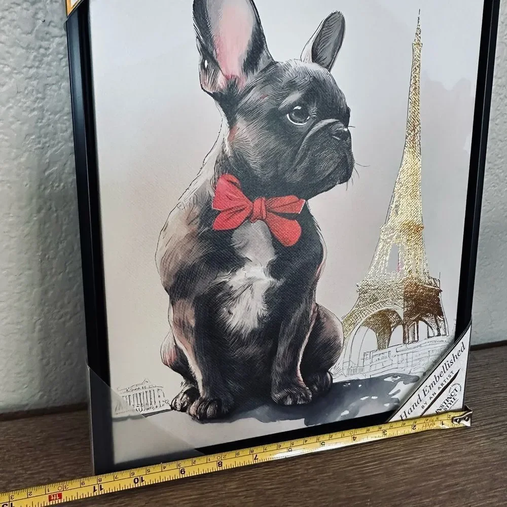 Frenchie Dog Eiffel Tower Hand Embellished Parisian Canvas Wall Art Decor